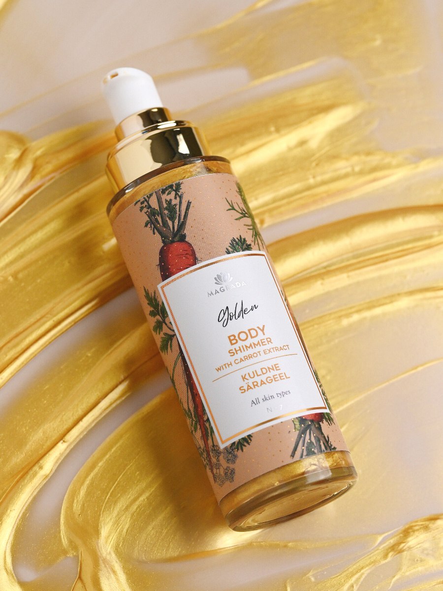 Magrada Organic Cosmetics Golden Body Shimmer with Carrot Extract in clear bottle with gold pump on glossy gold background