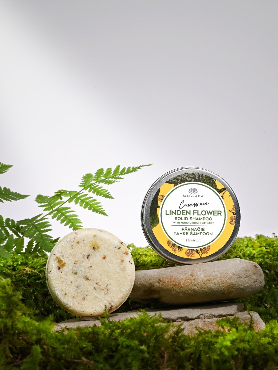 Magrada Organic Cosmetics Linden Flower Shampoo Bar with natural ingredients on moss and stone background