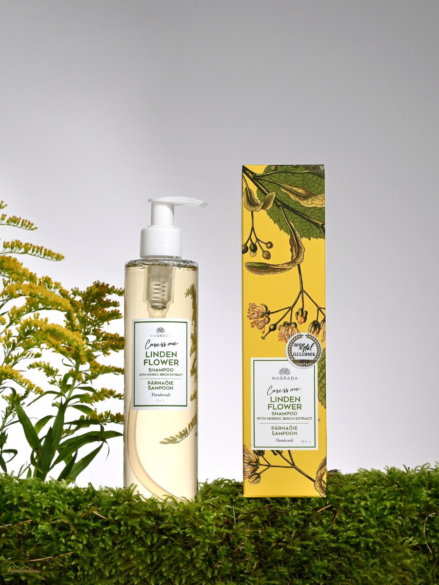 Magrada Organic Cosmetics Linden Flower Shampoo bottle and matching yellow box with botanical design