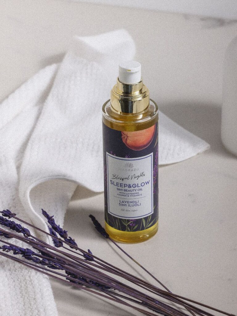 Luxury body gift set featuring Magrada Organic Cosmetics Sleep and Glow beauty oil with lavender and natural ingredients