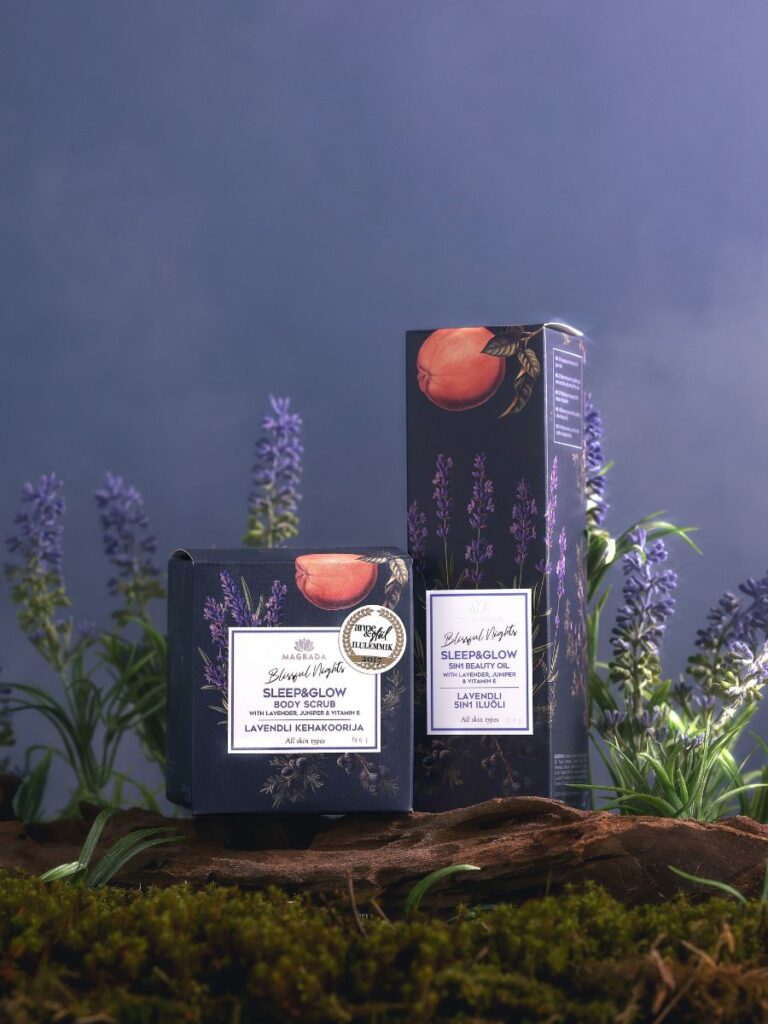 Magrada Organic Cosmetics luxury body gift set with lavender and peach packaging on natural moss background