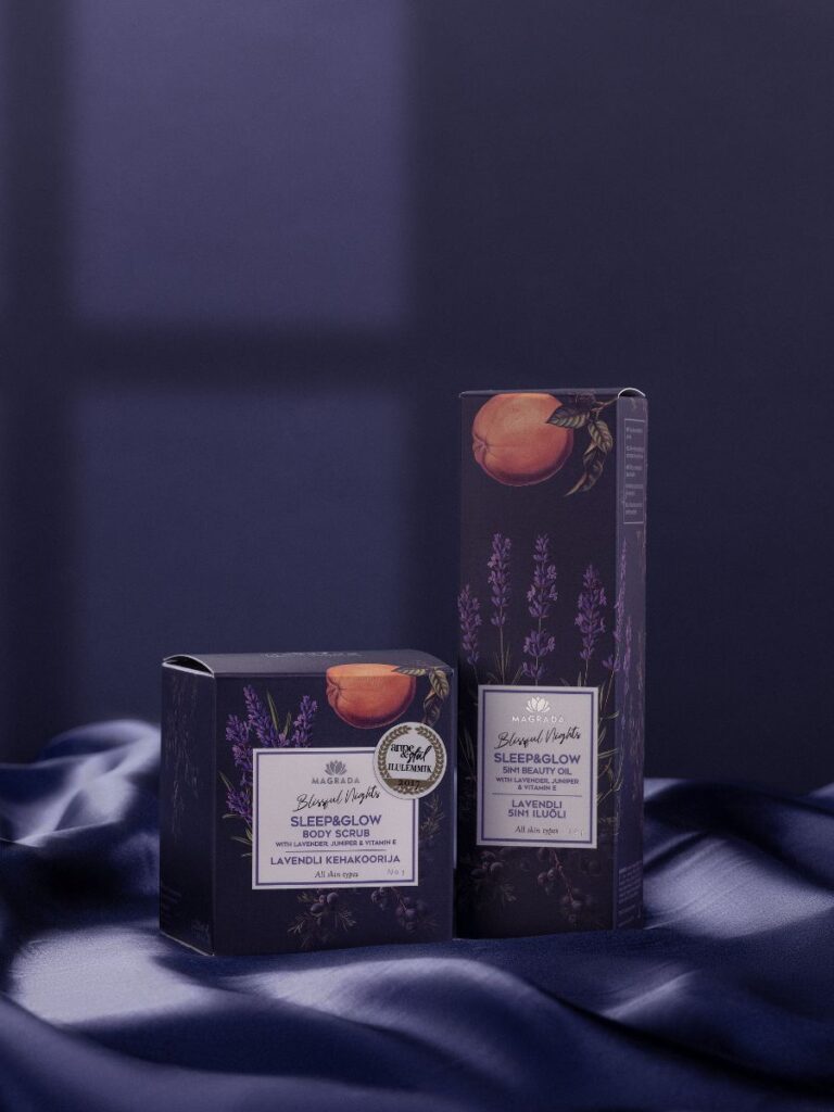 Magrada Organic Cosmetics luxury body gift set with lavender and peach scented sleepglow products