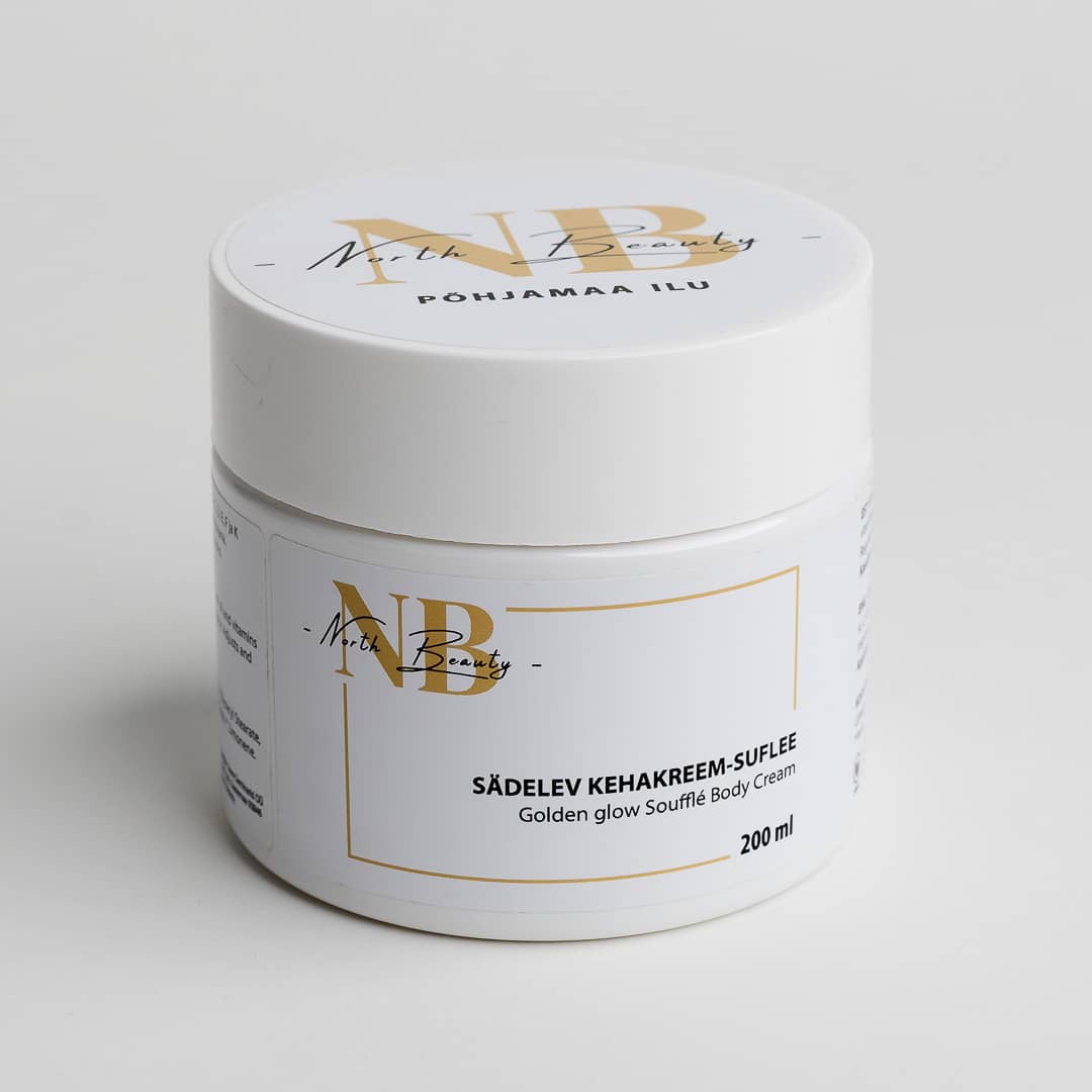 North Beauty Sädelev Kehakreem-Suflee golden glow souffle body cream in 200 ml white jar