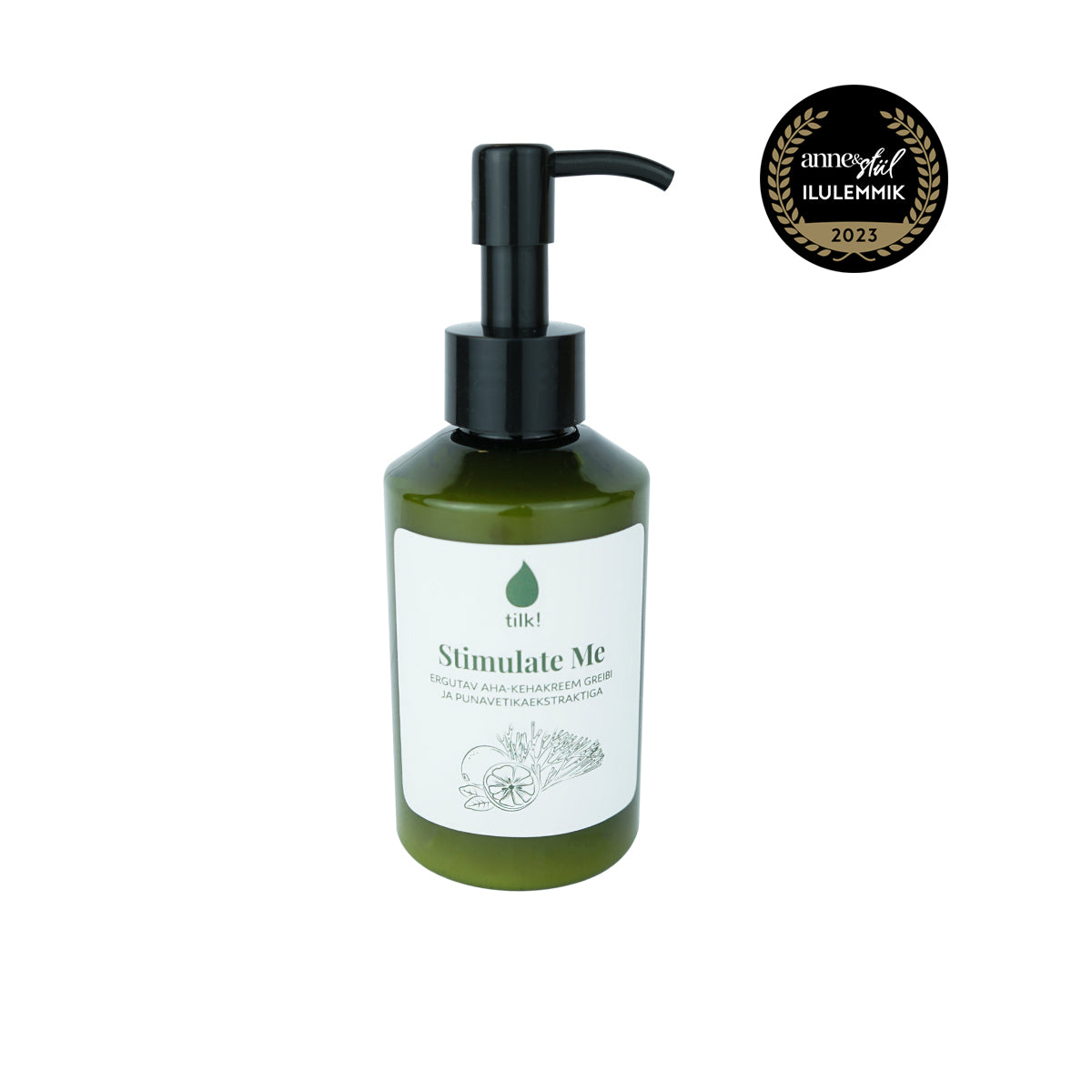 Tilk AHA body lotion grapefruit in green pump bottle with natural ingredient illustration