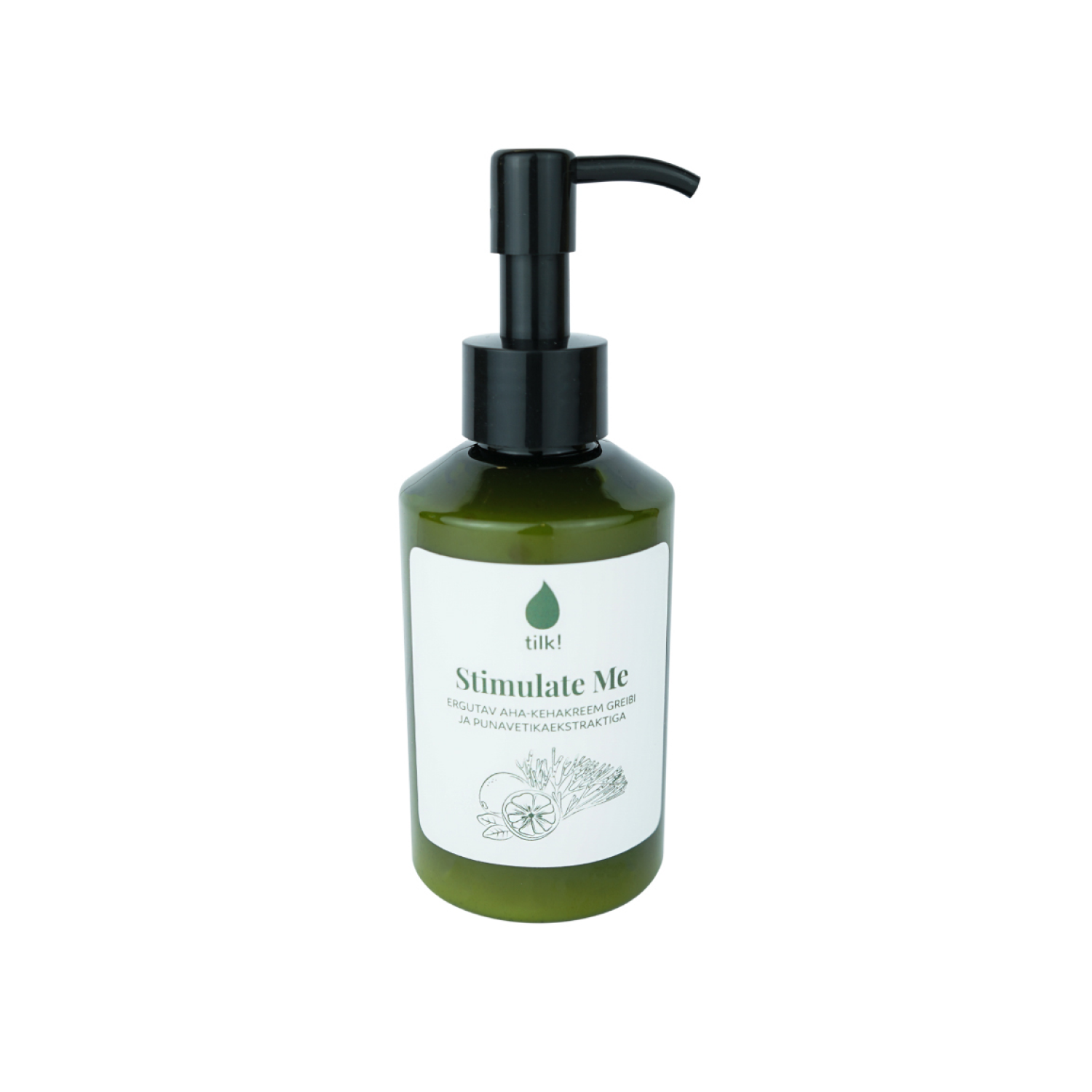 Tilk Stimulate Me AHA body lotion grapefruit in green pump bottle with white label