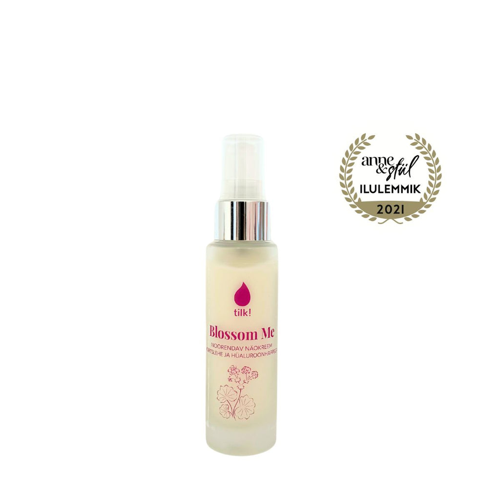 Tilk Blossom Me anti-stress face cream in a clear pump bottle with silver cap and award badge