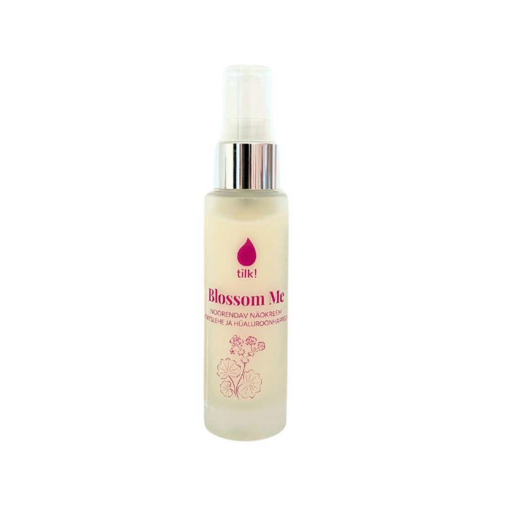 Tilk Blossom Me anti-stress face cream in frosted glass pump bottle with pink logo and floral design