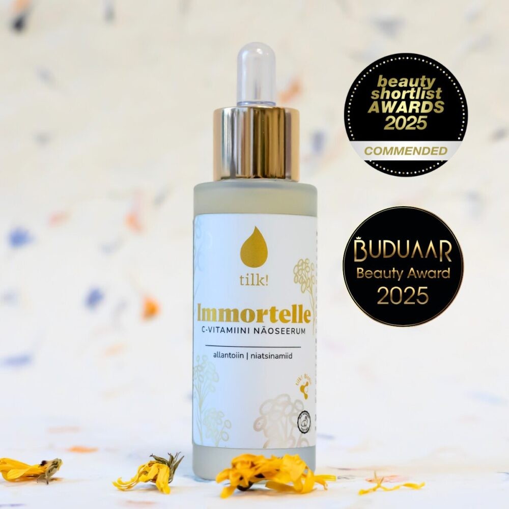 Tilk Immortelle C-vitamin face serum with dropper and gold cap awarded Beauty Shortlist and BUDUAAR Beauty Award 2025
