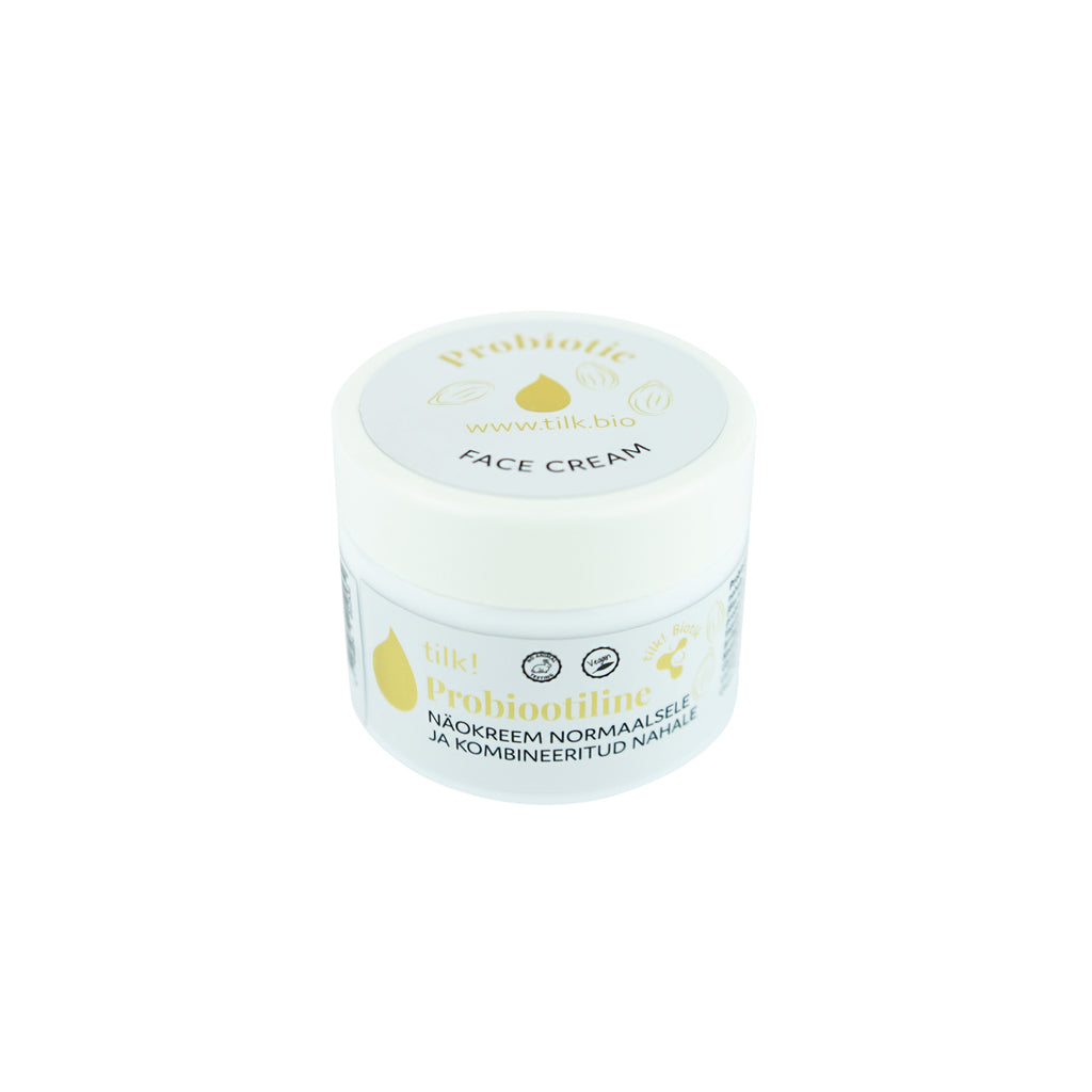 Tilk probiotic face cream jar designed for normal and combination skin in a white container