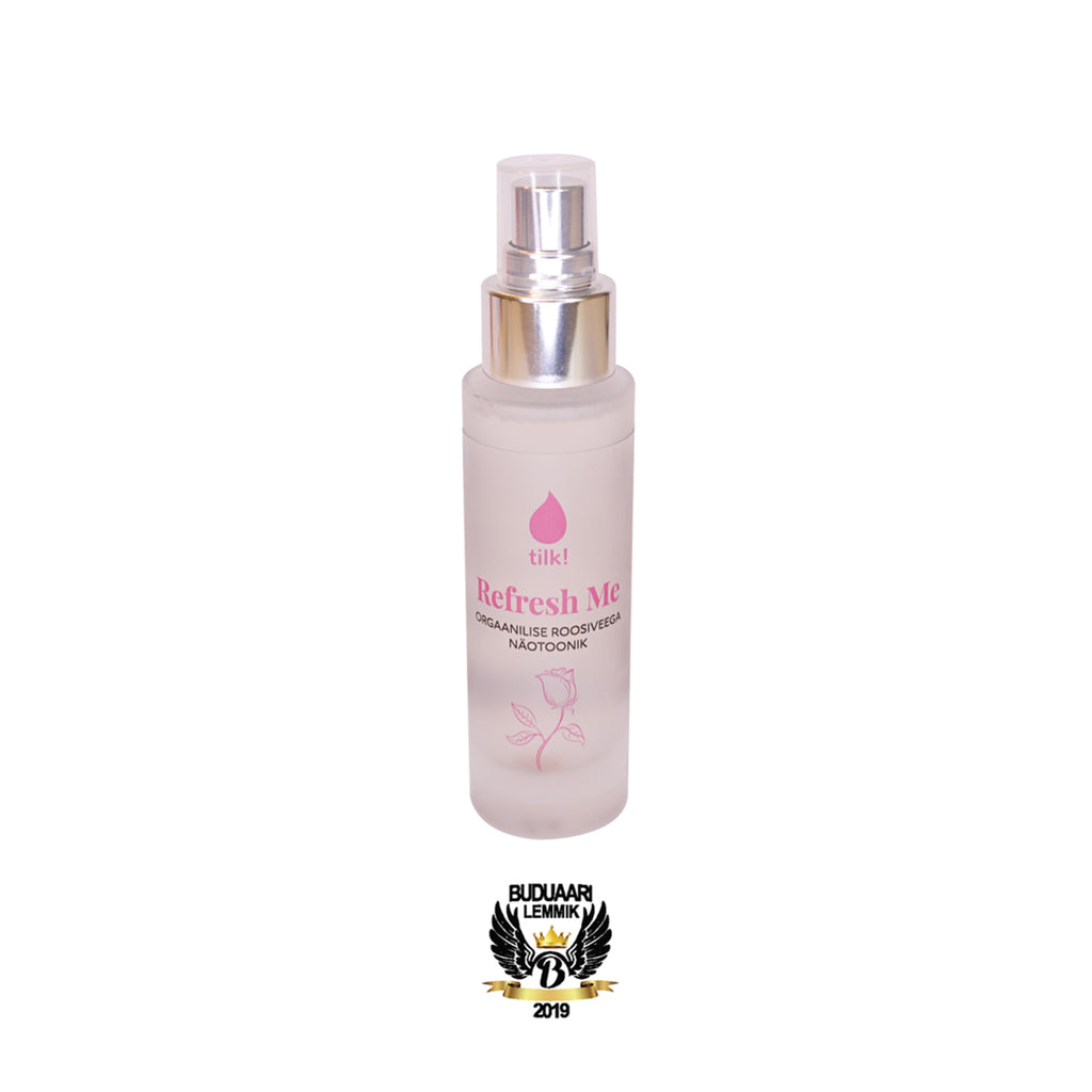 Tilk Refresh Me organic probiotic facial toner in a clear spray bottle with silver top