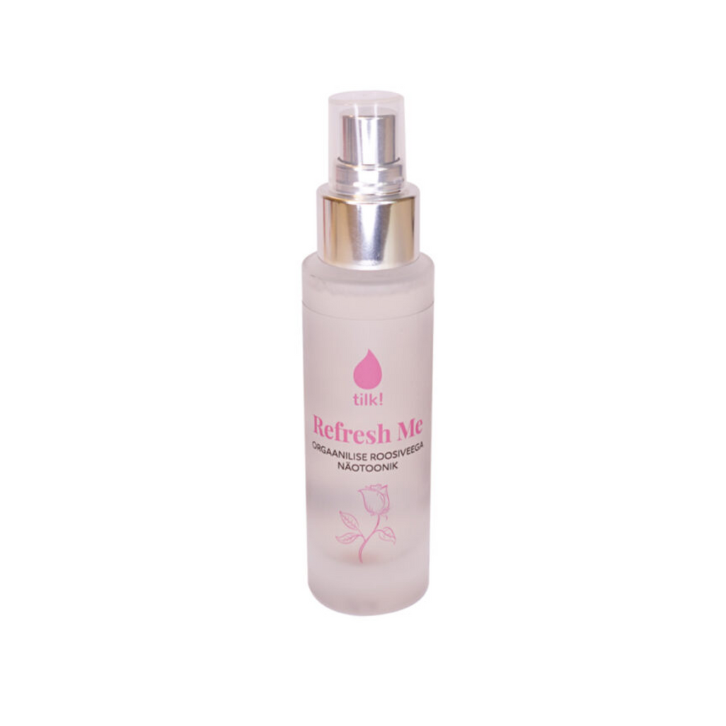 Tilk Refresh Me organic probiotic facial toner in frosted spray bottle with pink label