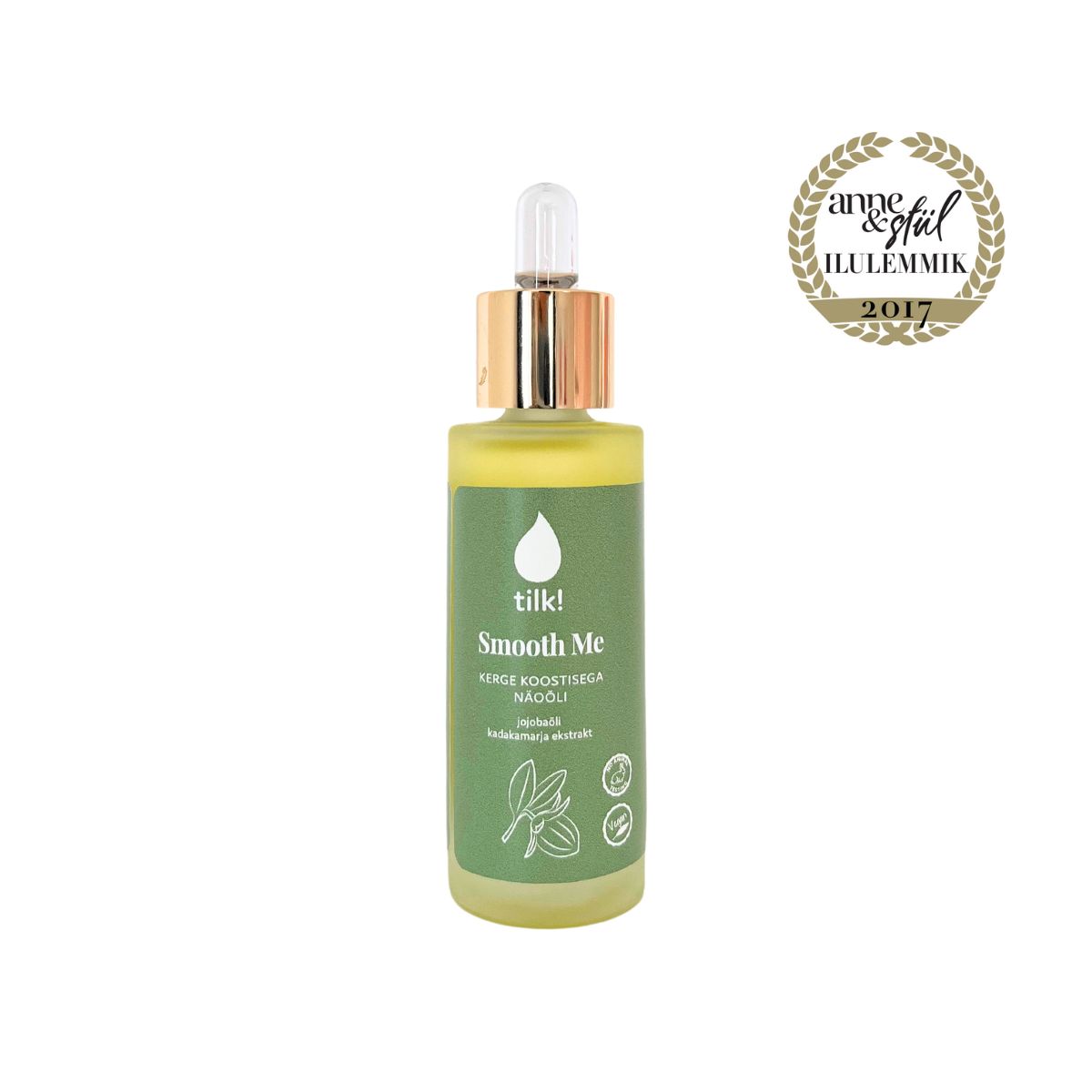 Tilk smooth skin facial oil 30ml in green bottle with dropper for nourishing skin care