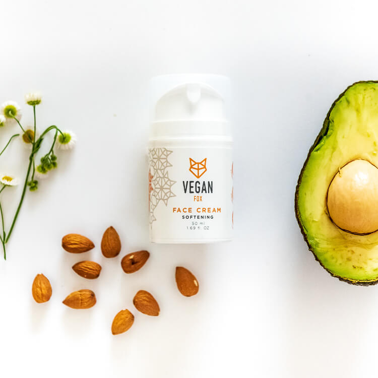 Vegan Fox vegan face cream hydrating softening jar with almonds, avocado, and flowers on white background