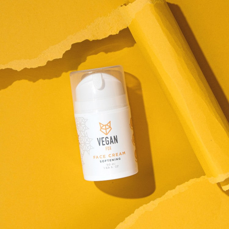 Vegan Fox softening face cream bottle on yellow background vegan face cream hydrating
