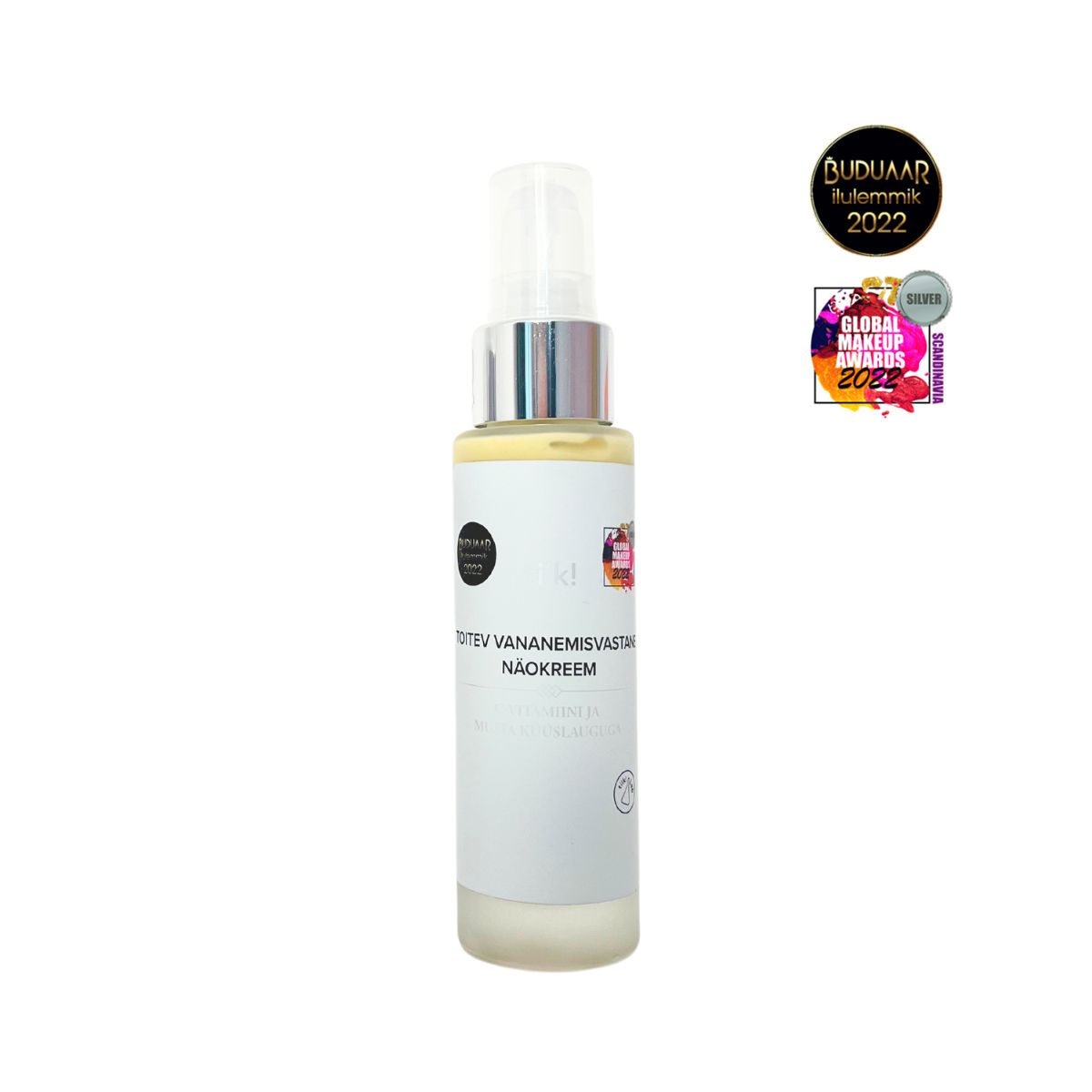 Tilk Vitamin C face cream in a clear pump bottle with award badges on white background